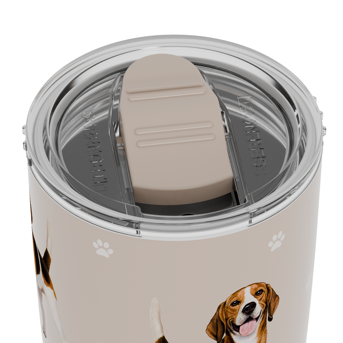 3D printed Beagle tumbler with leak-proof lid and insulated design.