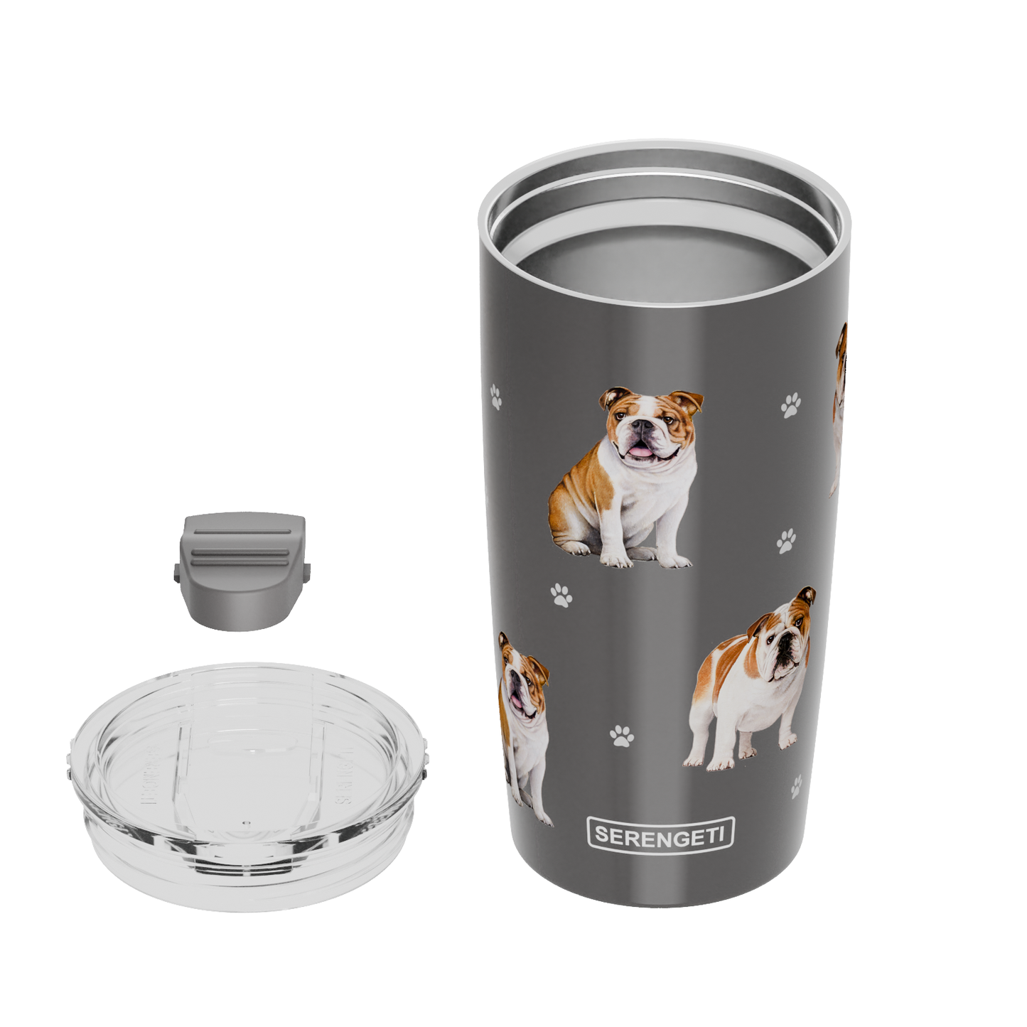 3D printed bulldog tumbler, 20 oz, leak-proof, durable, stainless steel.
