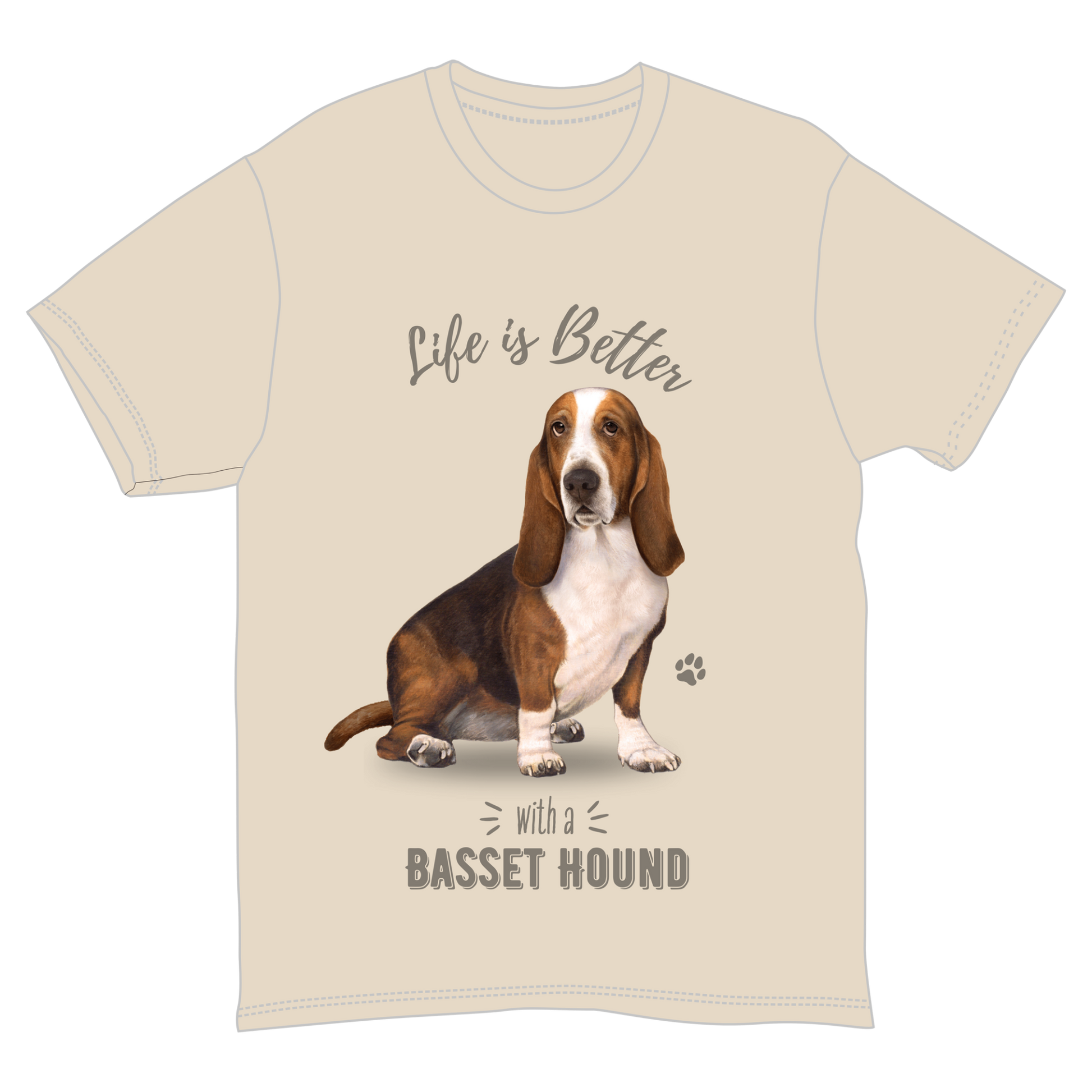 Basset Hound pet lover unisex T-shirt, 100% cotton, featuring dog graphic and "Life is Better with a Basset Hound" text.
