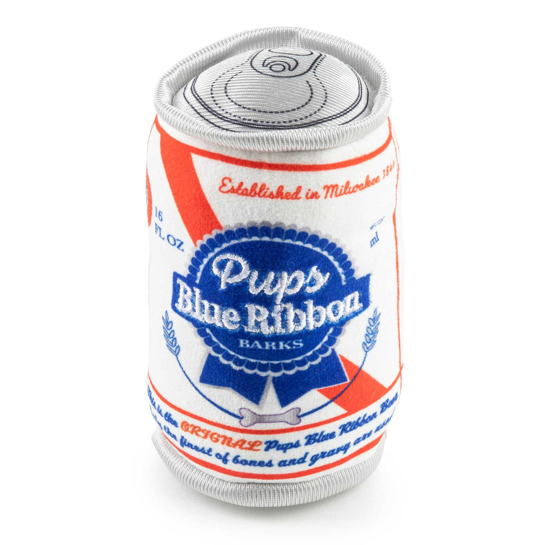 Pups Blue Ribbon Squeaker Dog Toy resembling a tall-boy can with fuzzy fabric and a hidden squeaker.