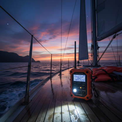 Emergency radio with LED flashlight at dusk
