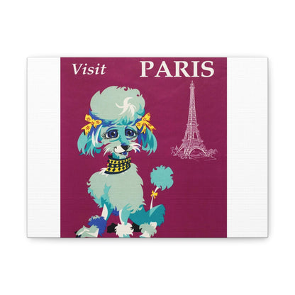 Visit Paris in Style  Vintage Travel Poster Featuring Chic Poodle with Yellow Bows on Purple Background Matte Canvas, Stretched, 1.25" - Toddcraft