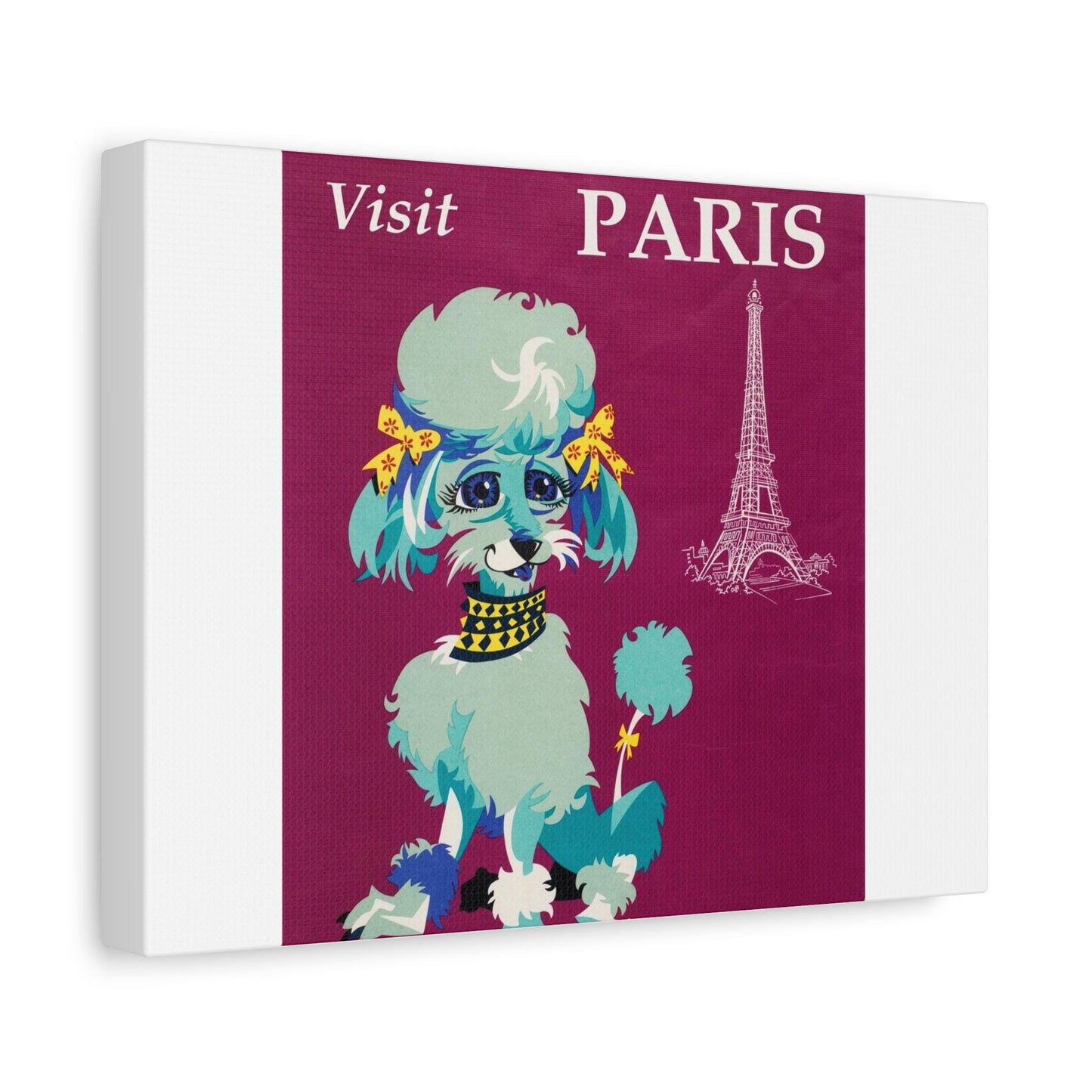 Visit Paris in Style  Vintage Travel Poster Featuring Chic Poodle with Yellow Bows on Purple Background Matte Canvas, Stretched, 1.25" - Toddcraft