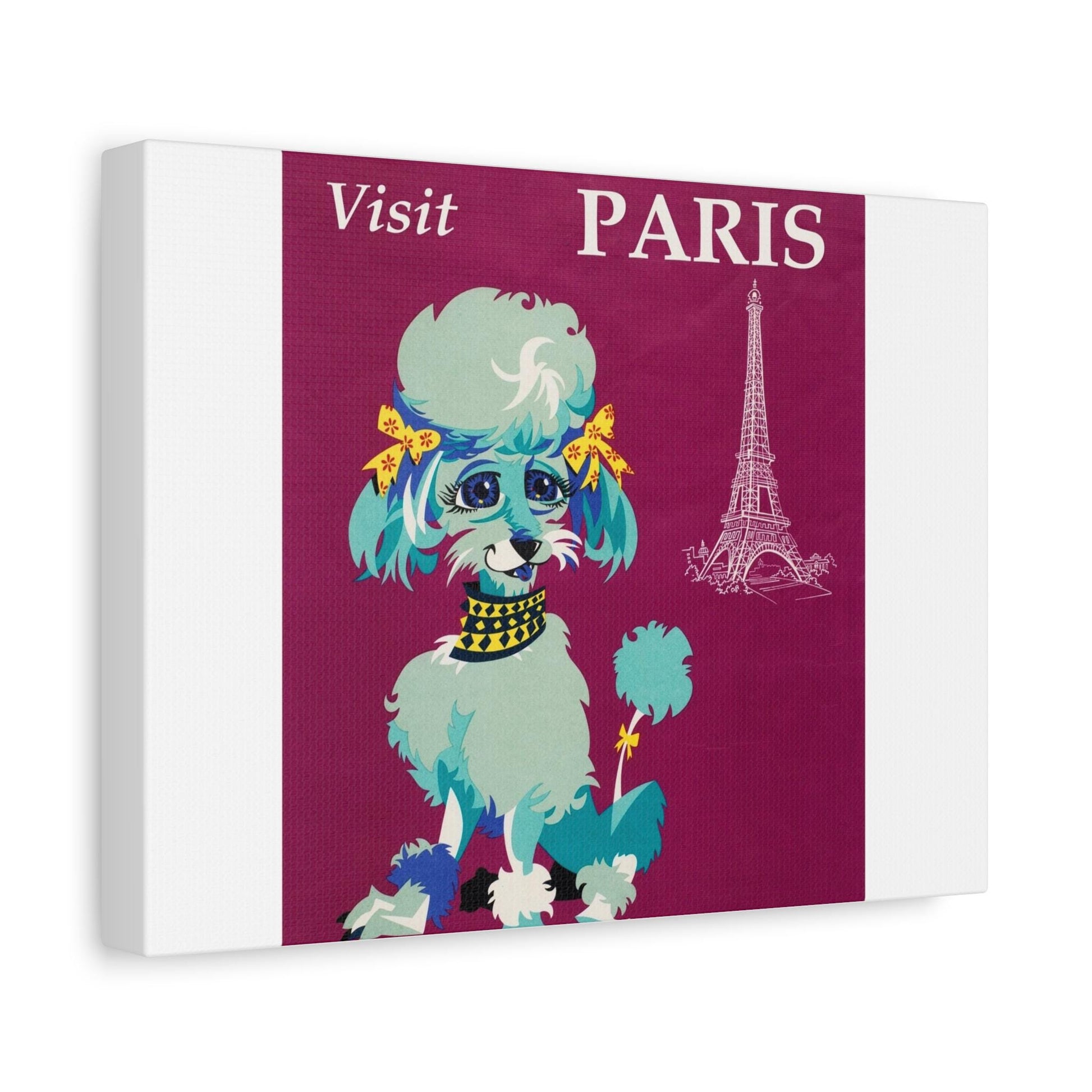 Visit Paris in Style  Vintage Travel Poster Featuring Chic Poodle with Yellow Bows on Purple Background Matte Canvas, Stretched, 1.25" - Toddcraft
