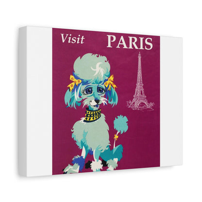 Visit Paris in Style  Vintage Travel Poster Featuring Chic Poodle with Yellow Bows on Purple Background Matte Canvas, Stretched, 1.25" - Toddcraft