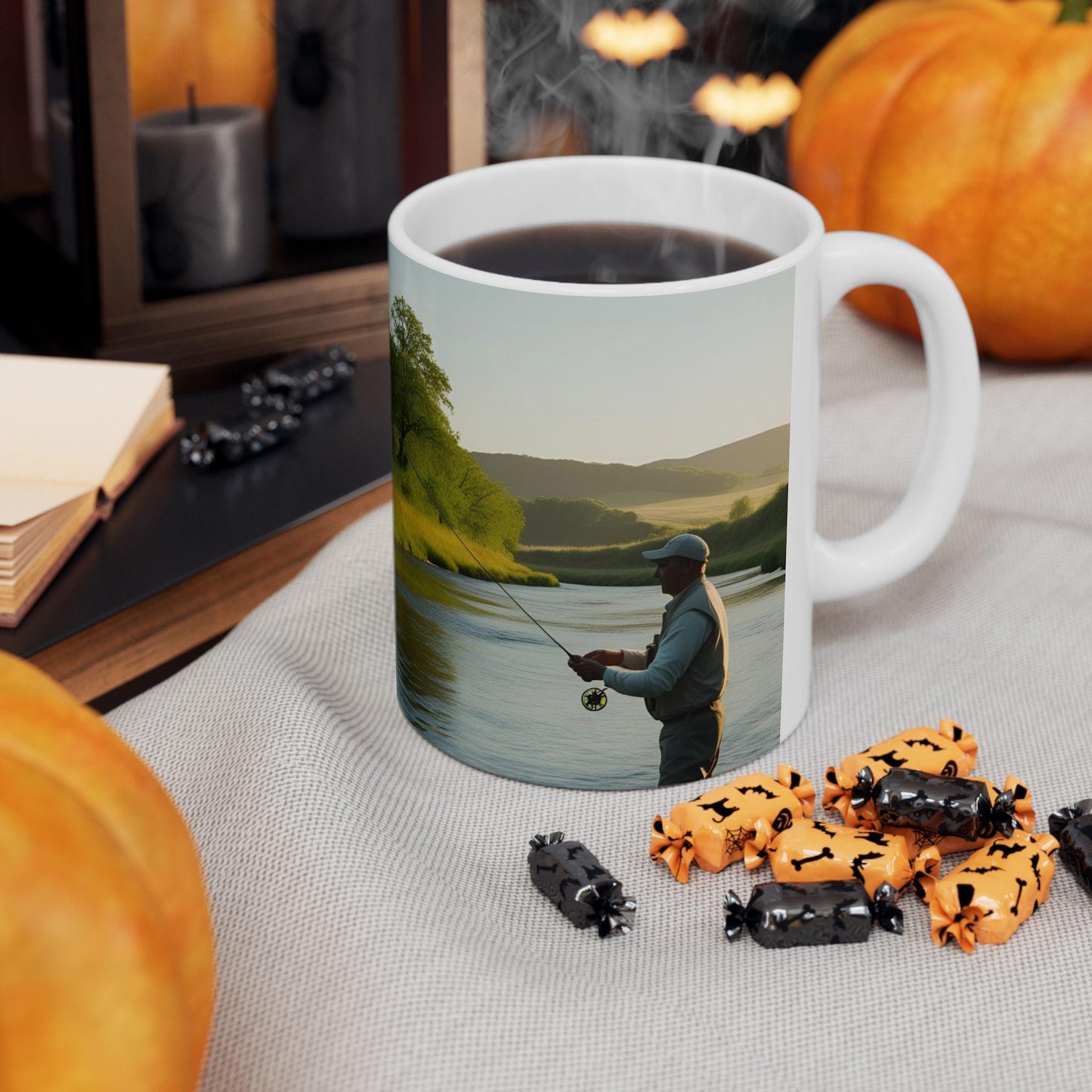 Fishing Scene Ceramic Mug - Gift for Anglers & Nature Lovers, Rustic Outdoor Coffee Cup, Handmade Fish Design, Perfect Birthday Present - Toddcraft
