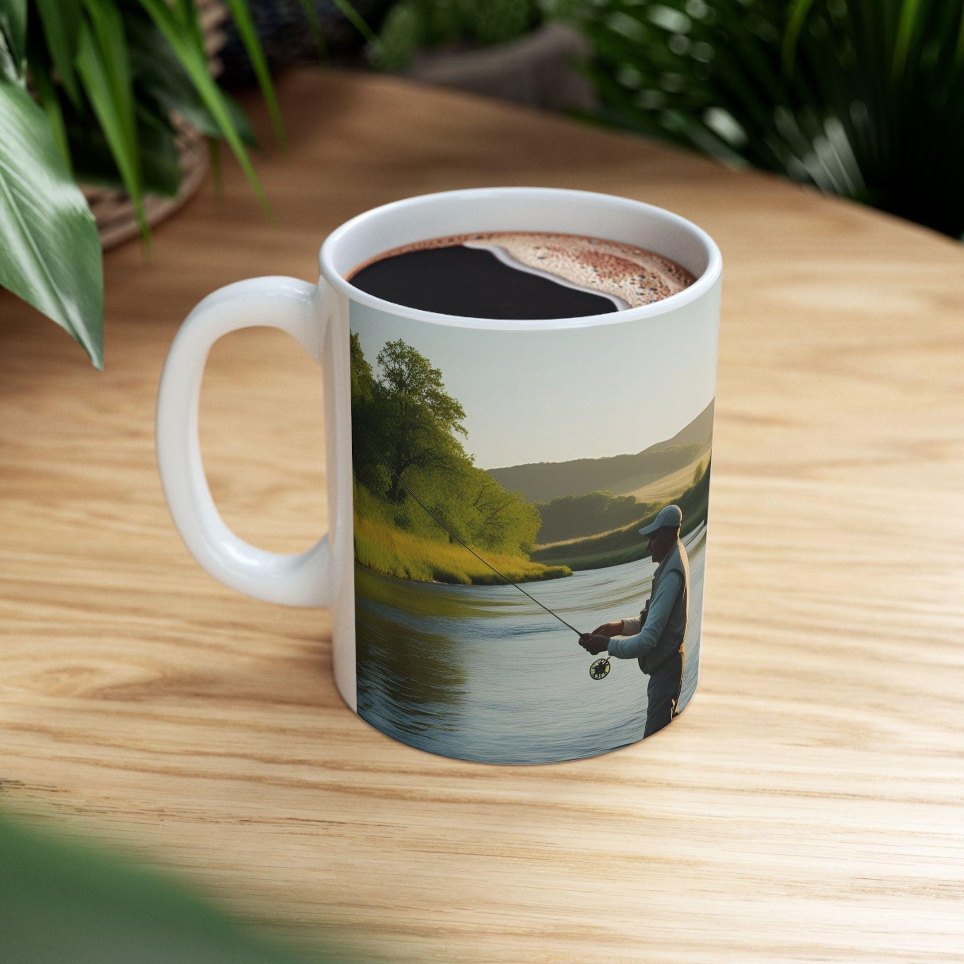 Fishing Scene Ceramic Mug - Gift for Anglers & Nature Lovers, Rustic Outdoor Coffee Cup, Handmade Fish Design, Perfect Birthday Present - Toddcraft