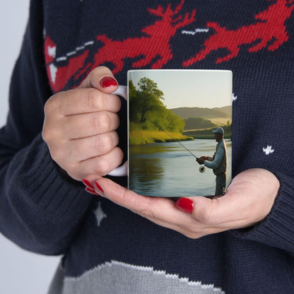Fishing Scene Ceramic Mug - Gift for Anglers & Nature Lovers, Rustic Outdoor Coffee Cup, Handmade Fish Design, Perfect Birthday Present - Toddcraft