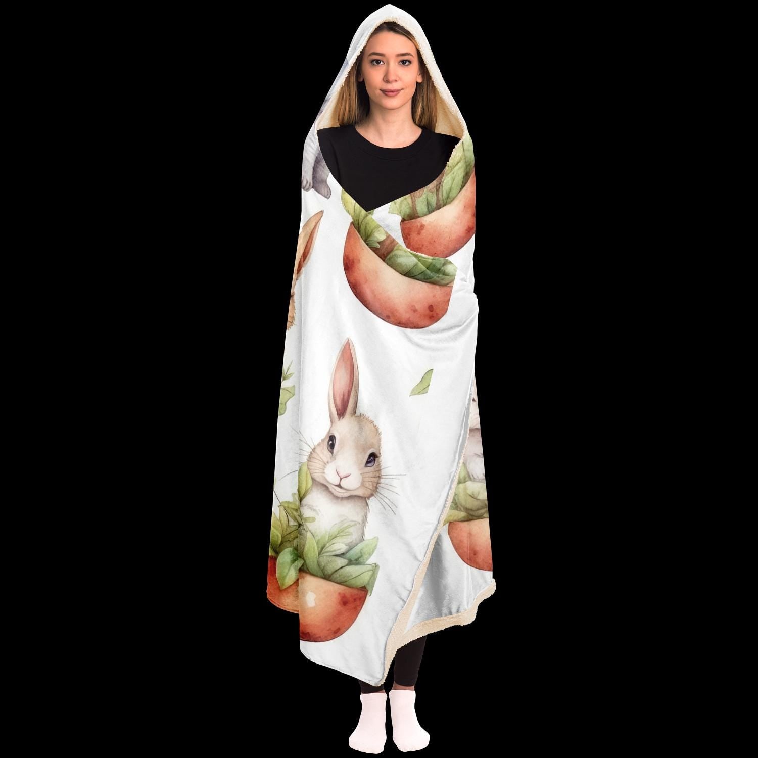 Bunny Hooded Blanket Micro Fleece Cozy Animal Print Wearable Throw for Kids & Adults Soft Warm Gift - Toddcraft