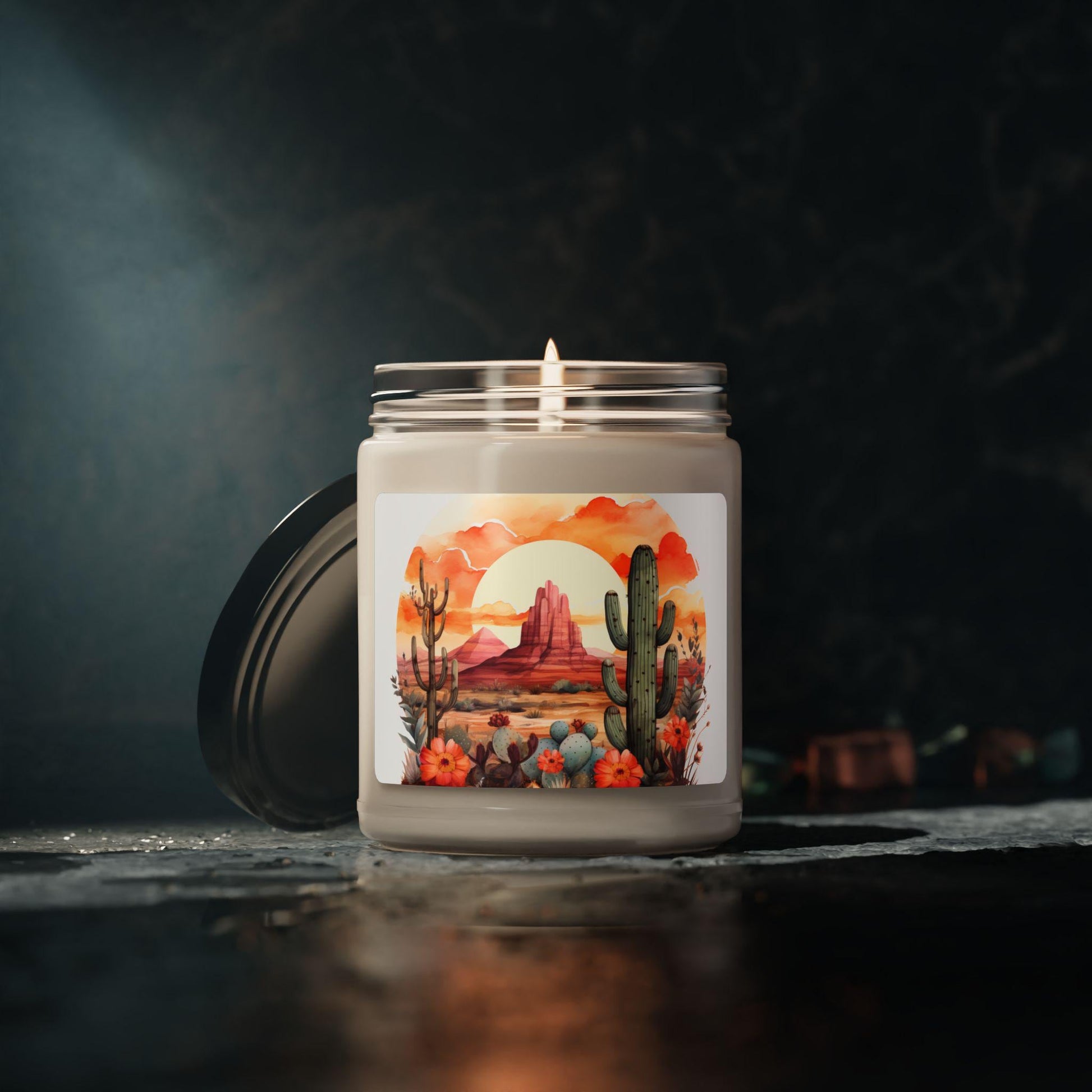 Scented Soy Candle 9oz - Flowery Desert Landscape & Blooming Cactus Aroma, Natural Handmade Home Decor Gift - Toddcraft