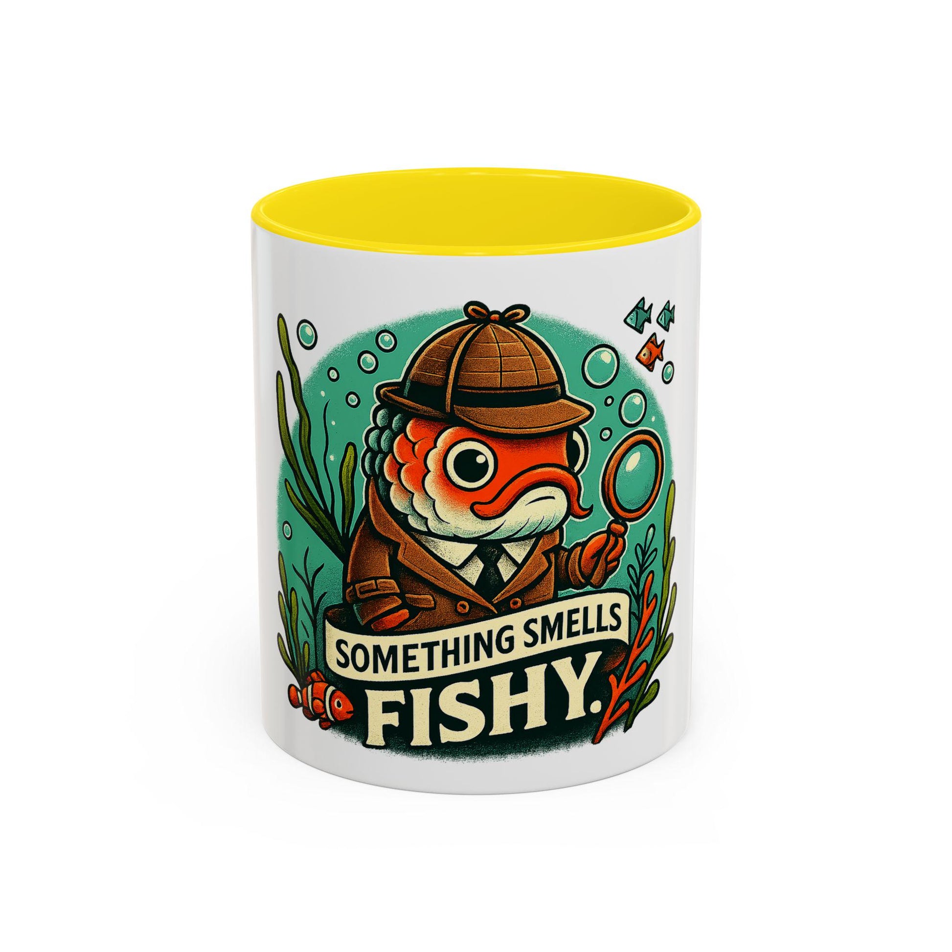 Funny Fish Detective Coffee Mug - 11oz & 15oz Sherlock Holmes Inspired Fish Humor Gift, Something Fishy Going On Accent Cup - Toddcraft