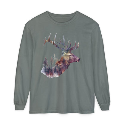 Elk Graphic T-Shirt Unisex Garment-Dyed Long Sleeve Hunters Paradise Nature Lovers Majestic Antlers Tee - Toddcraft