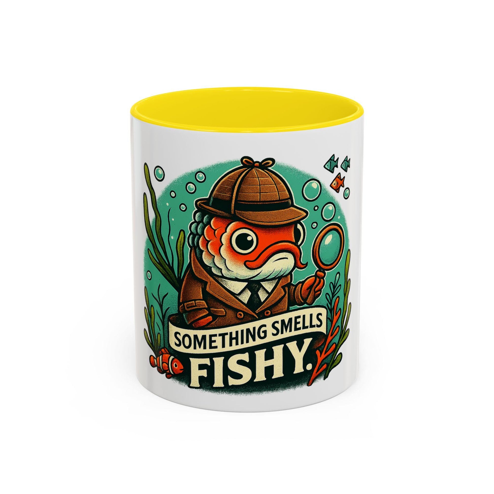 something smells fishy Accent Coffee Mug (11, 15oz) fish dressed up as a detective with a trench coat and hat underwater funny fish graghic - Toddcraft