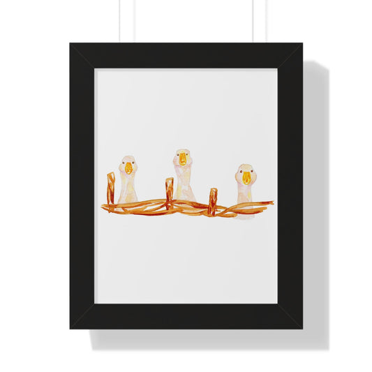 White Geese Nursery Wall Art Poster, 3 Watercolor Goose Heads Vertical Framed Print with Gold Ribbon, Unique Baby Room Decor - Toddcraft