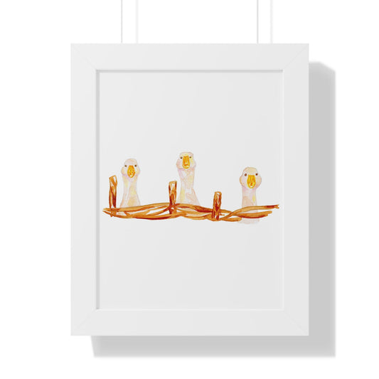 White Geese Nursery Wall Art Poster, 3 Watercolor Goose Heads Vertical Framed Print with Gold Ribbon, Unique Baby Room Decor - Toddcraft