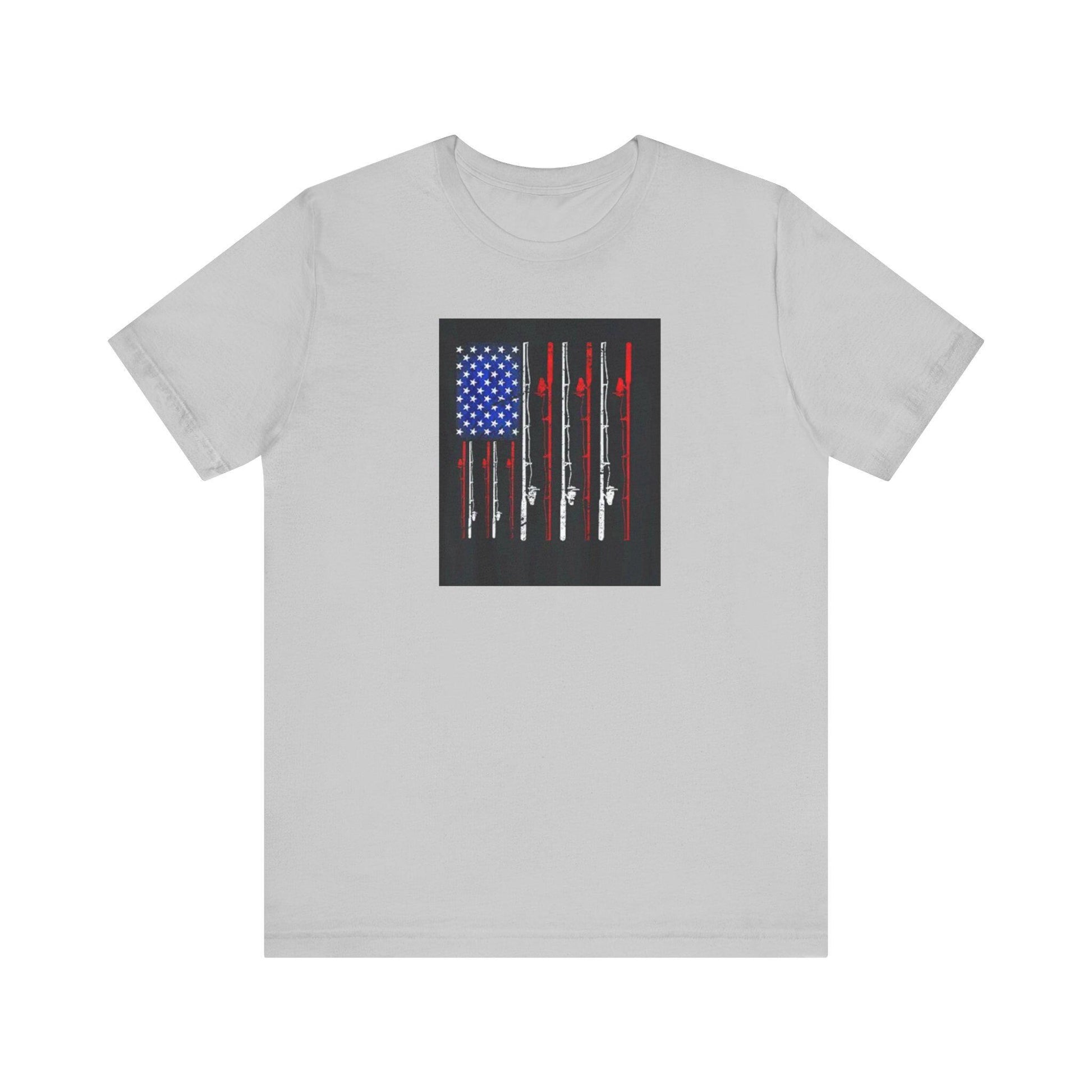 Fishing Rods T-Shirt with American Flag Background, Unisex Jersey Tee, Perfect Fathers Day Gift from Mom & Kids - Toddcraft