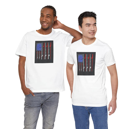 Fishing Rods T-Shirt with American Flag Background, Unisex Jersey Tee, Perfect Fathers Day Gift from Mom & Kids - Toddcraft