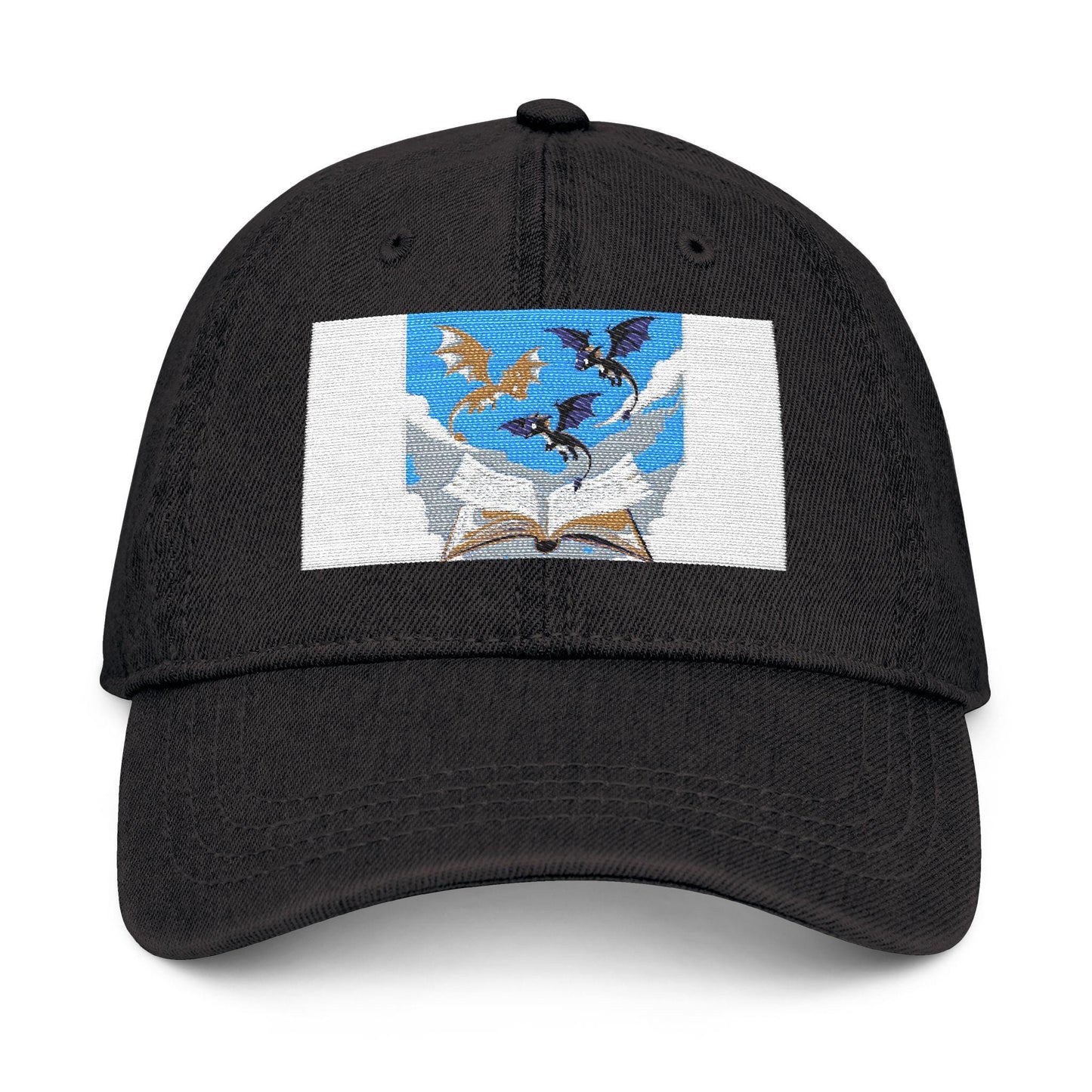Denim Hat with Embroidered Flying Bats  Open Book Design  Symbol of Rebirth  Death, Gothic Vintage Style Cap - Toddcraft