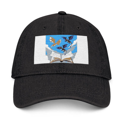 Denim Hat with Embroidered Flying Bats  Open Book Design  Symbol of Rebirth  Death, Gothic Vintage Style Cap - Toddcraft