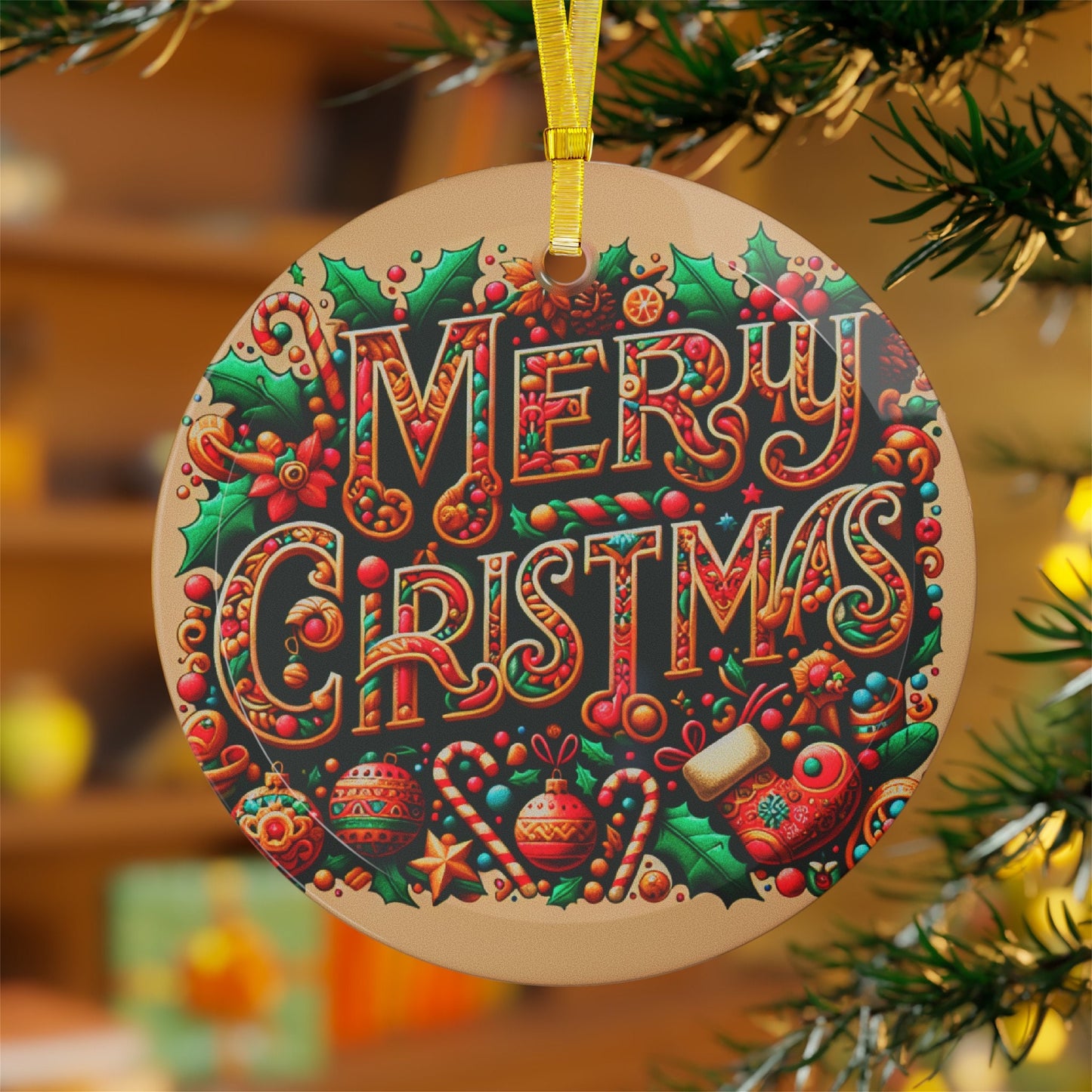 Festive Candy Cane Glass Holiday Ornament - Merry Christmas Round Decoration for Tree - Toddcraft