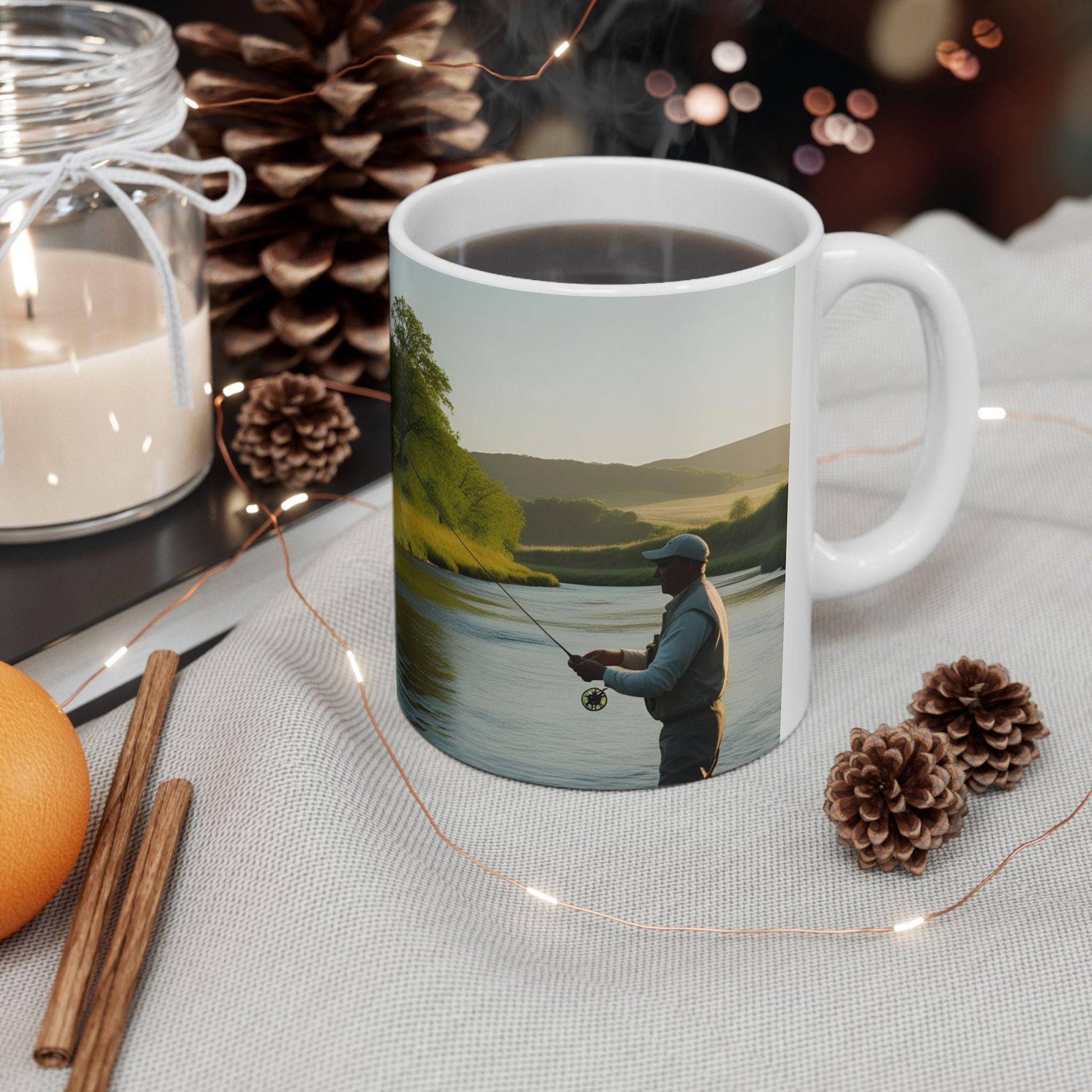 Fishing Scene Ceramic Mug - Gift for Anglers, Dad, Grandpa & Nature Lovers - Coffee Cup for Fishing Group, Christmas Present - Toddcraft