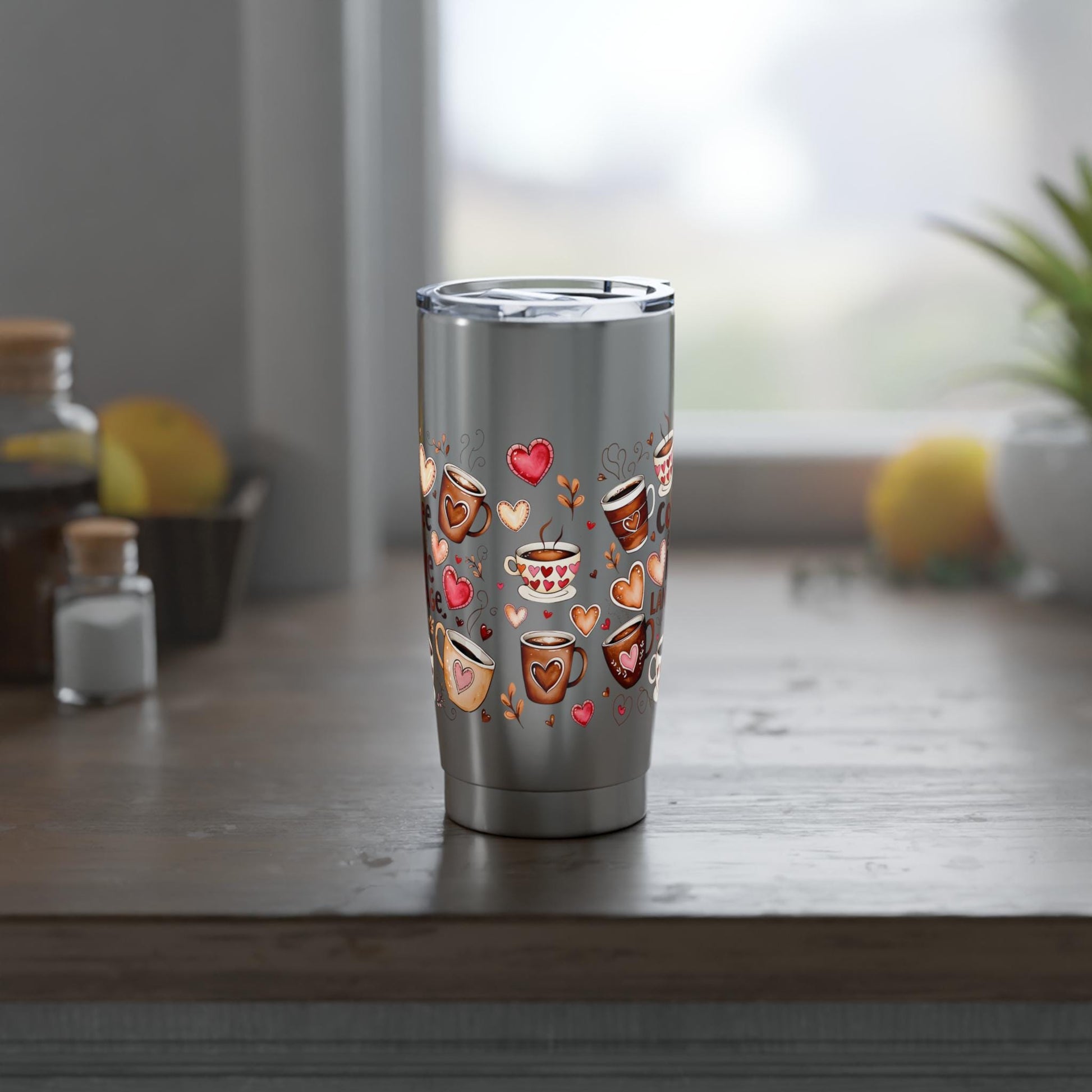 Romantic Vagabond Tumbler: Heart & Coffee Design, Valentine's Travel Mug, Stainless Steel Gift - Toddcraft