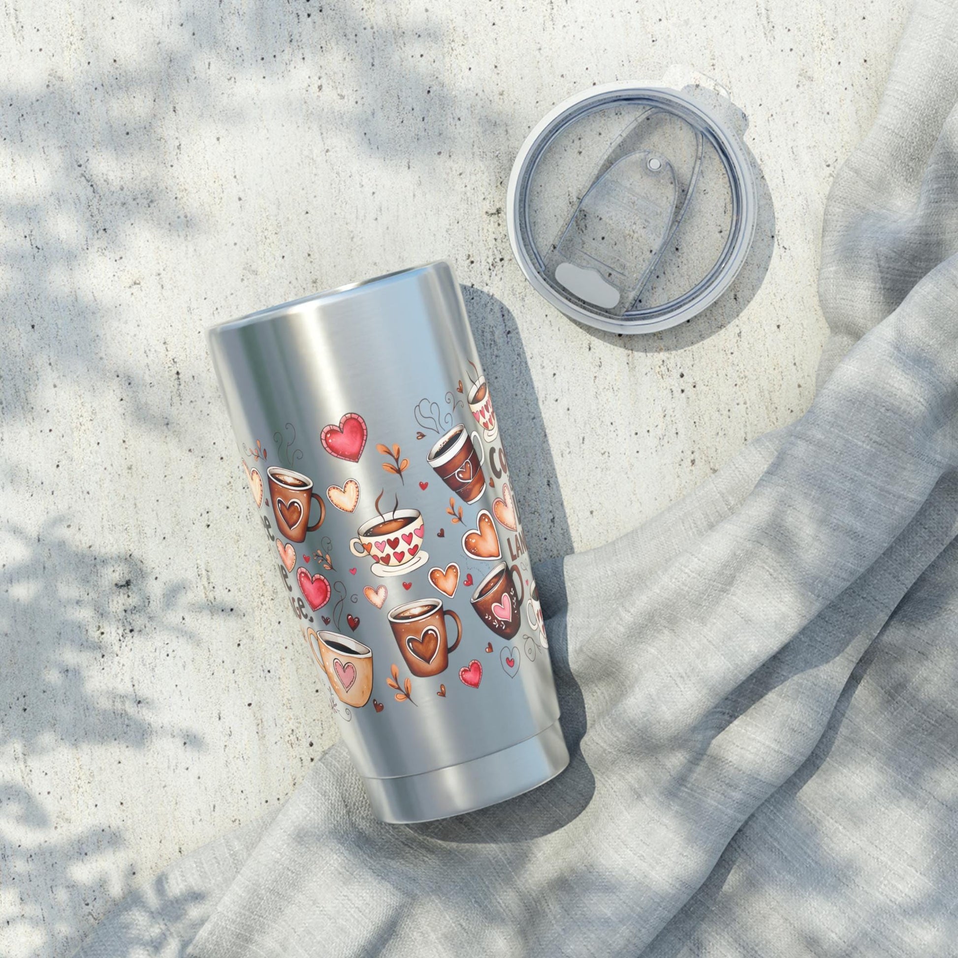 Romantic Vagabond Tumbler: Heart & Coffee Design, Valentine's Travel Mug, Stainless Steel Gift - Toddcraft