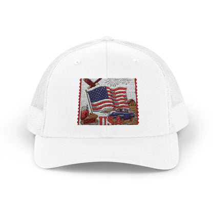 American Flag Vintage Postage Stamp Snapback Trucker Cap Patriotic 4th of July Memorial Day Hat - Toddcraft