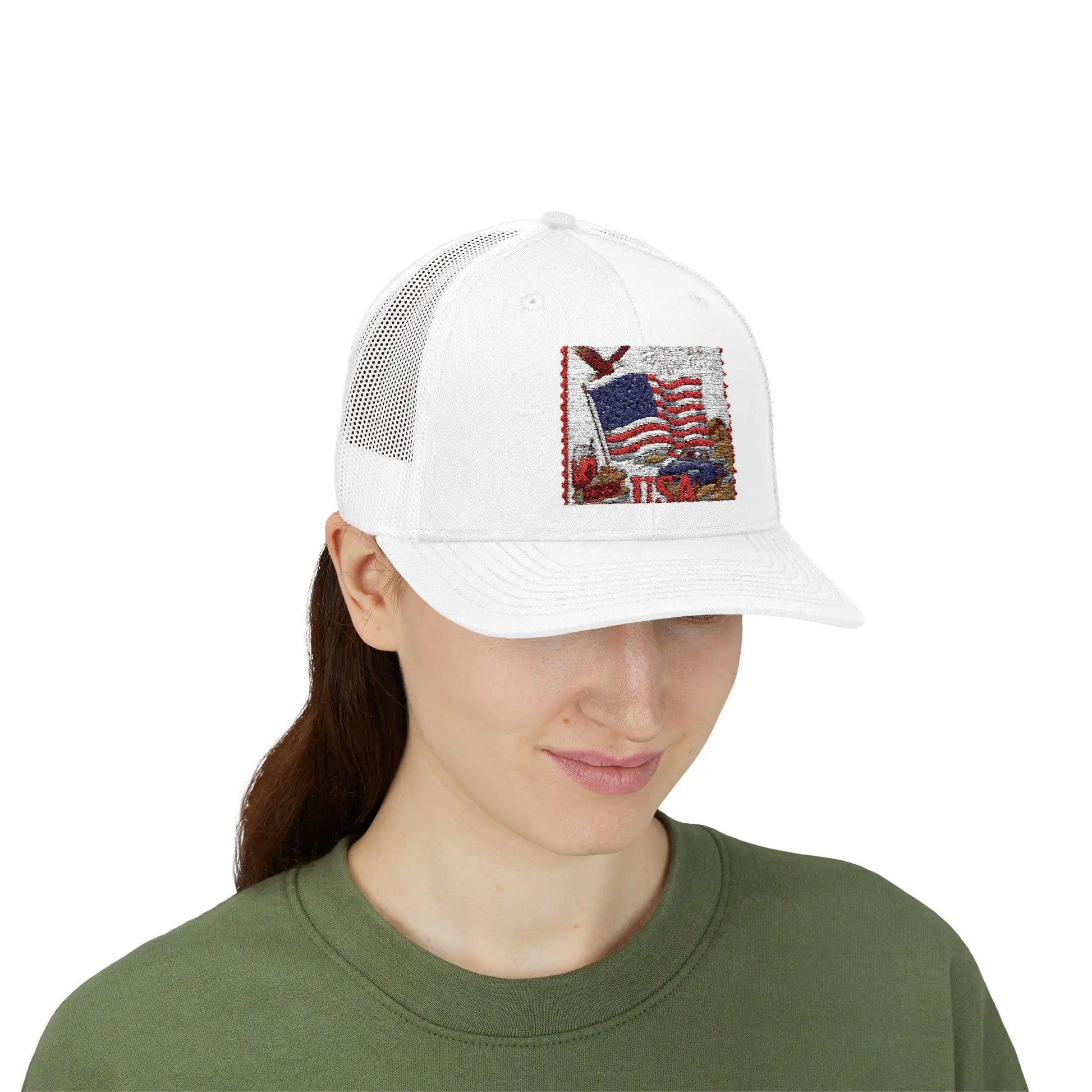 American Flag Vintage Postage Stamp Snapback Trucker Cap Patriotic 4th of July Memorial Day Hat - Toddcraft