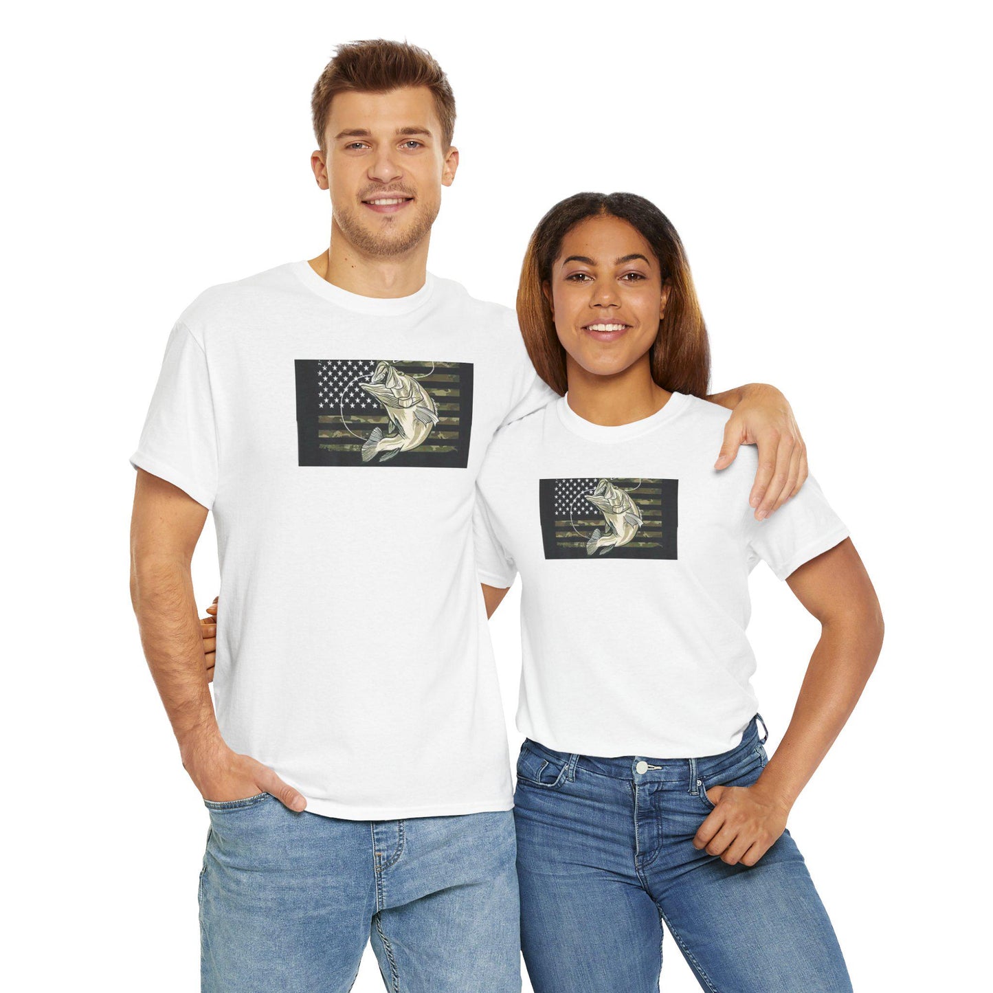 Fishing T-Shirt American Flag Bass Design Unisex Heavy Cotton Tee Fisherman Gift for Fathers Day - Toddcraft