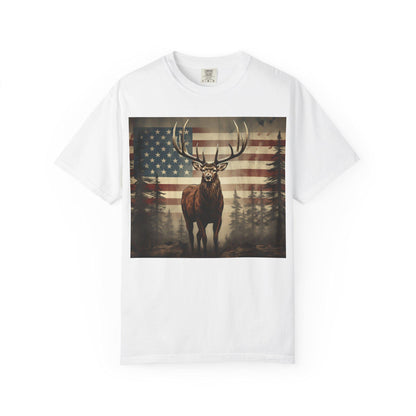 Elk & American Flag Tee  Perfect for Hunters, Campers, Outdoorsmen  Nature Lovers | Vintage Garment-Dyed Unisex Shirt - Toddcraft