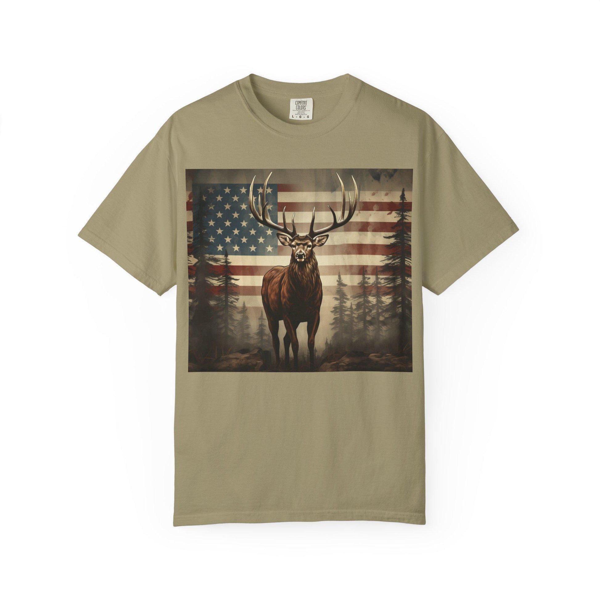 Elk & American Flag Tee  Perfect for Hunters, Campers, Outdoorsmen  Nature Lovers | Vintage Garment-Dyed Unisex Shirt - Toddcraft