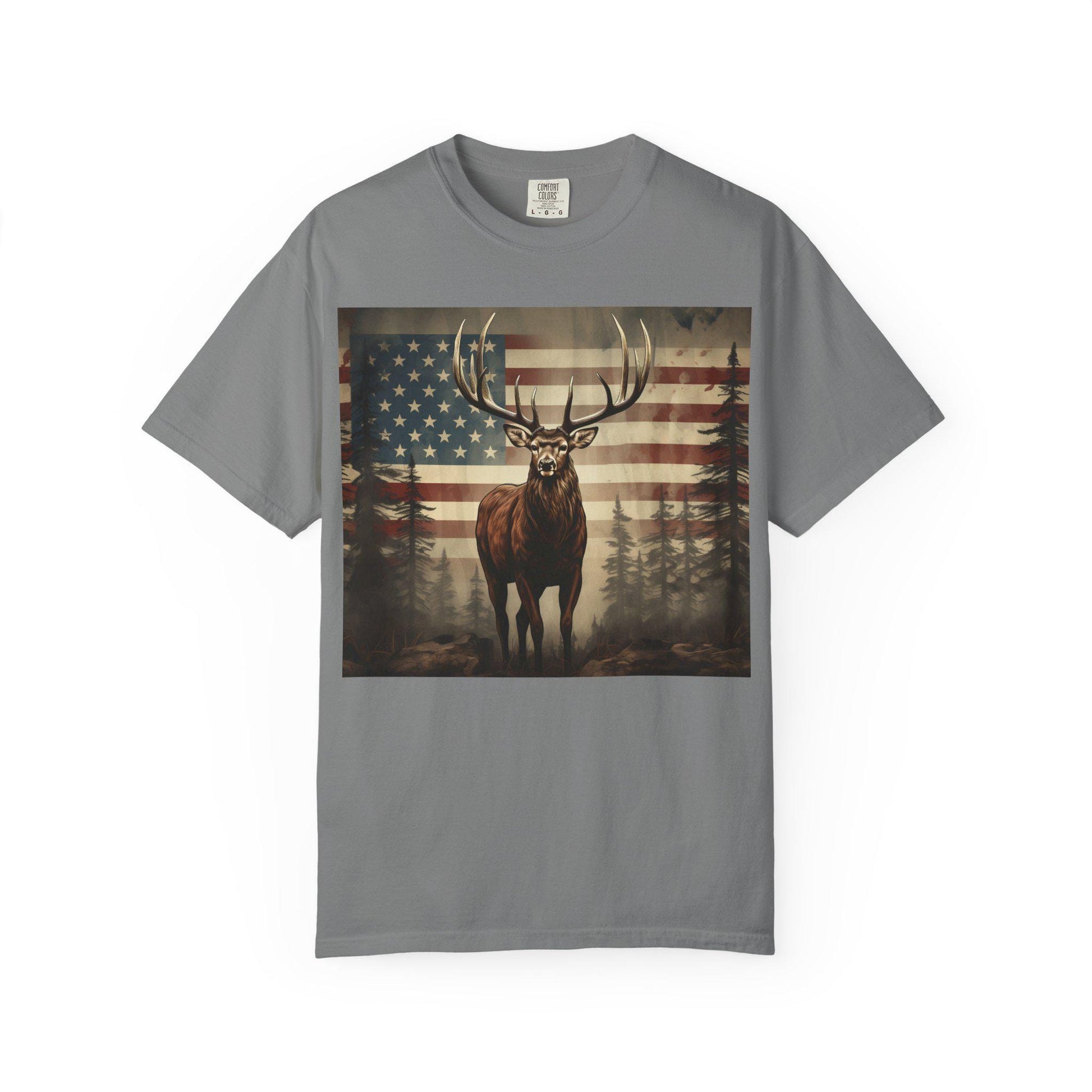 Elk & American Flag Tee  Perfect for Hunters, Campers, Outdoorsmen  Nature Lovers | Vintage Garment-Dyed Unisex Shirt - Toddcraft