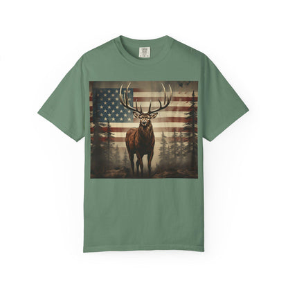 Elk & American Flag Tee  Perfect for Hunters, Campers, Outdoorsmen  Nature Lovers | Vintage Garment-Dyed Unisex Shirt - Toddcraft