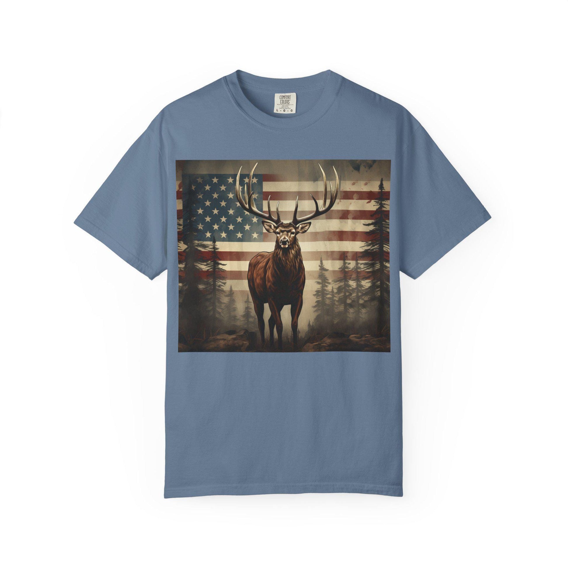 Elk & American Flag Tee  Perfect for Hunters, Campers, Outdoorsmen  Nature Lovers | Vintage Garment-Dyed Unisex Shirt - Toddcraft