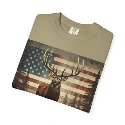 Elk & American Flag Tee  Perfect for Hunters, Campers, Outdoorsmen  Nature Lovers | Vintage Garment-Dyed Unisex Shirt - Toddcraft