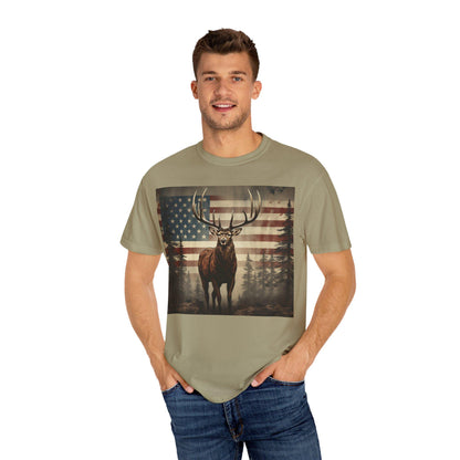 Elk & American Flag Tee  Perfect for Hunters, Campers, Outdoorsmen  Nature Lovers | Vintage Garment-Dyed Unisex Shirt - Toddcraft