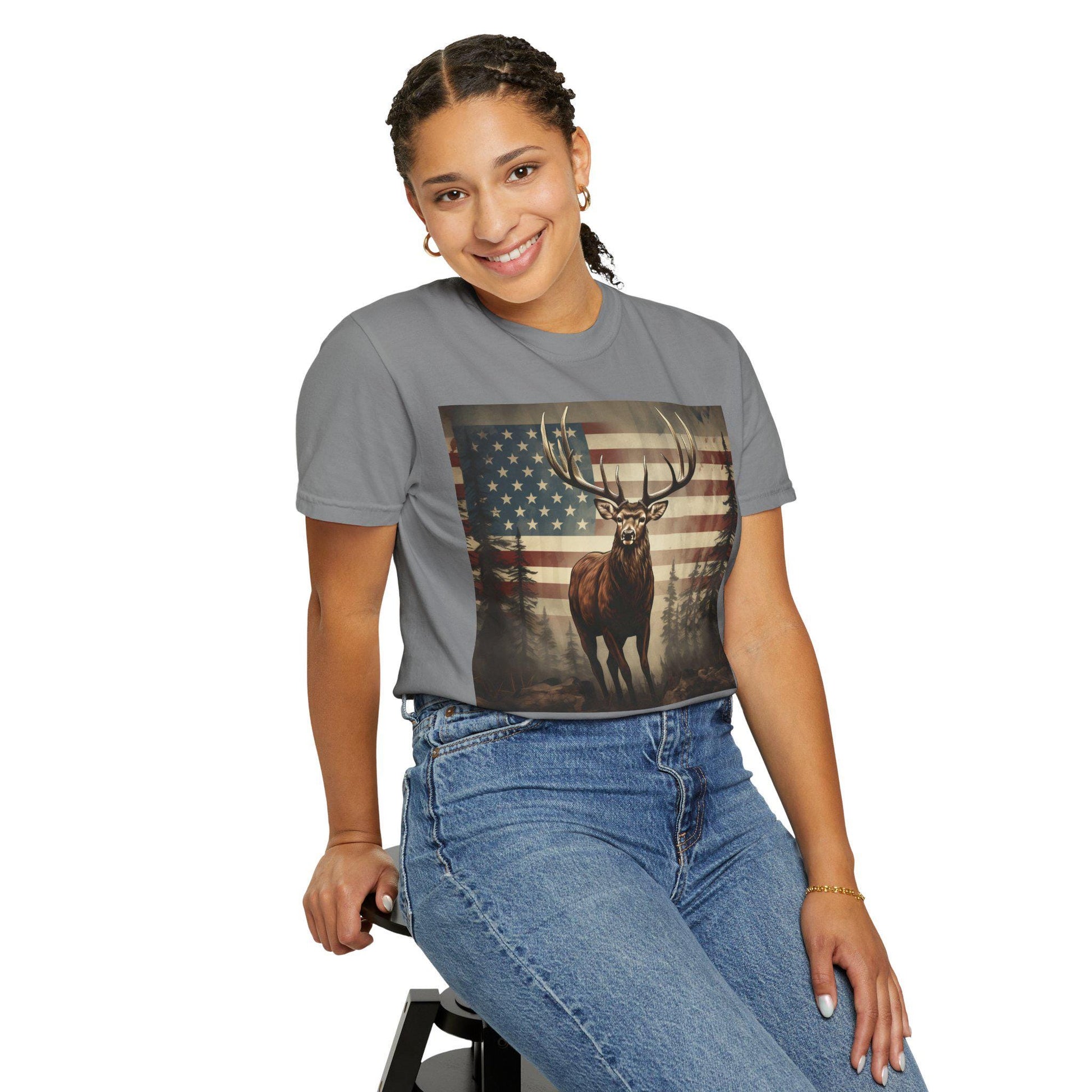 Elk & American Flag Tee  Perfect for Hunters, Campers, Outdoorsmen  Nature Lovers | Vintage Garment-Dyed Unisex Shirt - Toddcraft