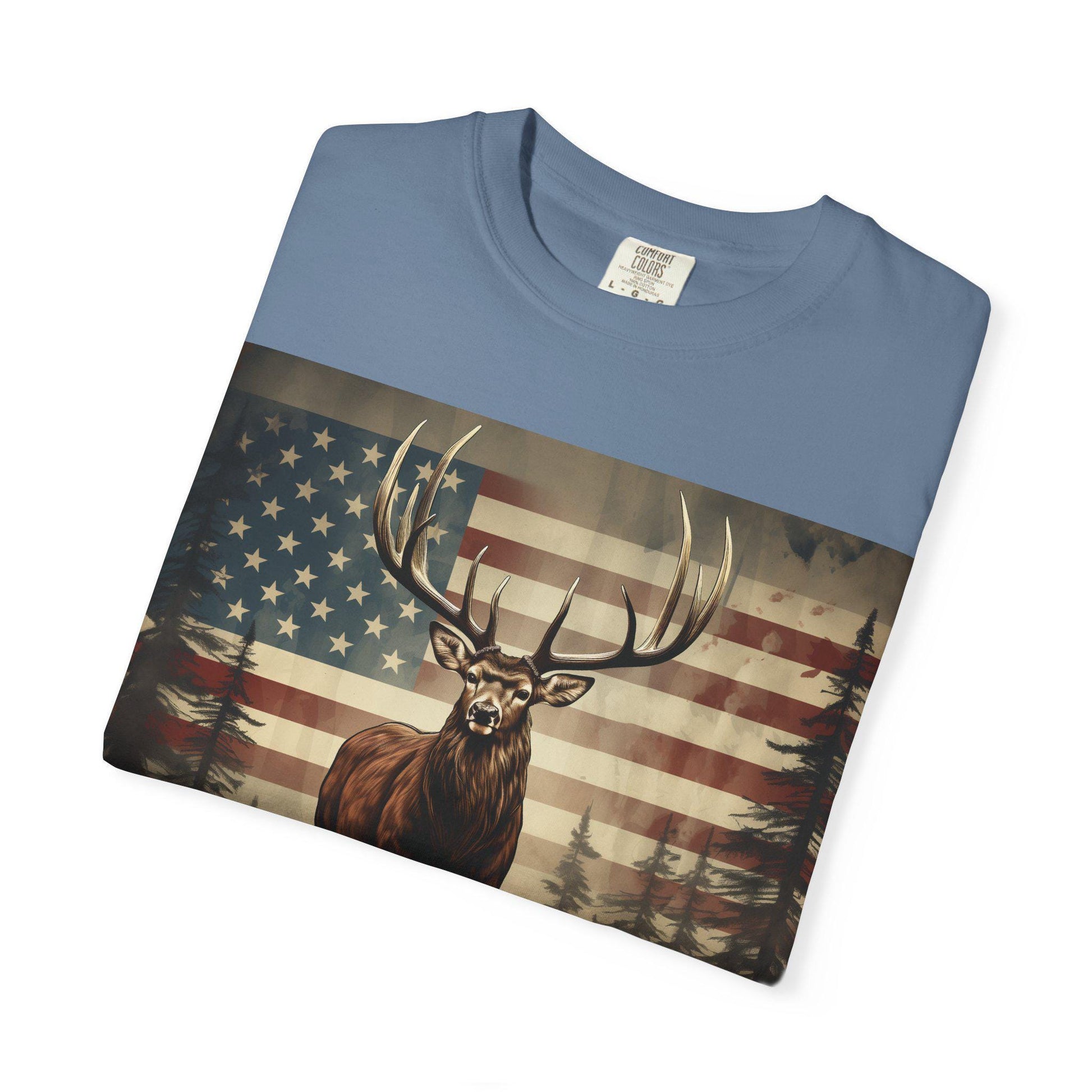 Elk & American Flag Tee  Perfect for Hunters, Campers, Outdoorsmen  Nature Lovers | Vintage Garment-Dyed Unisex Shirt - Toddcraft