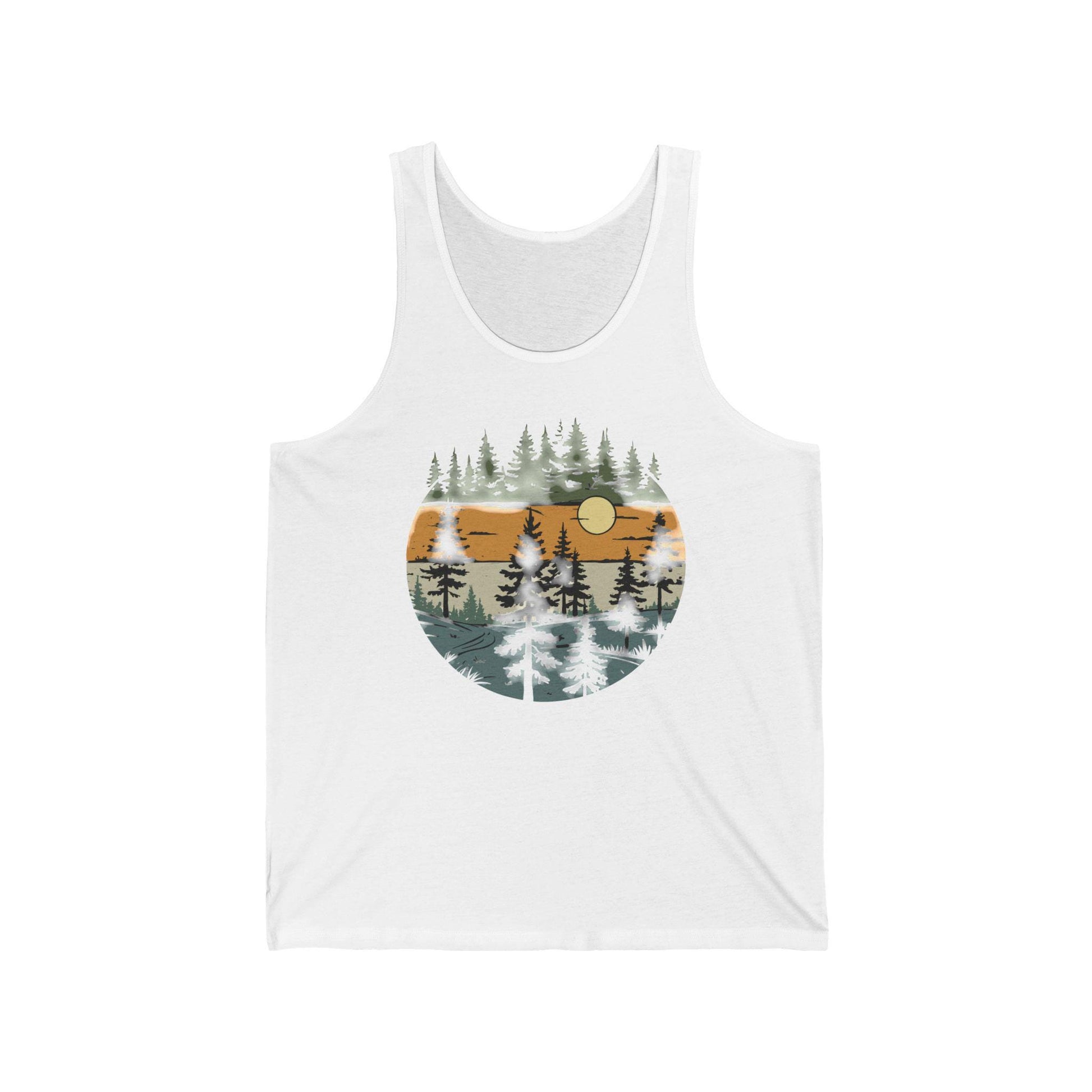 Vintage Retro Forest Trees Unisex Jersey Tank Top, Nature Outdoors Womens Sleeveless Shirt, Casual Summer Graphic Tee - Toddcraft