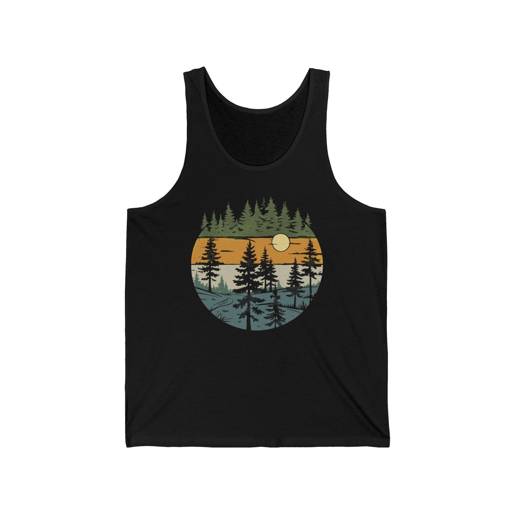 Vintage Retro Forest Trees Unisex Jersey Tank Top, Nature Outdoors Womens Sleeveless Shirt, Casual Summer Graphic Tee - Toddcraft