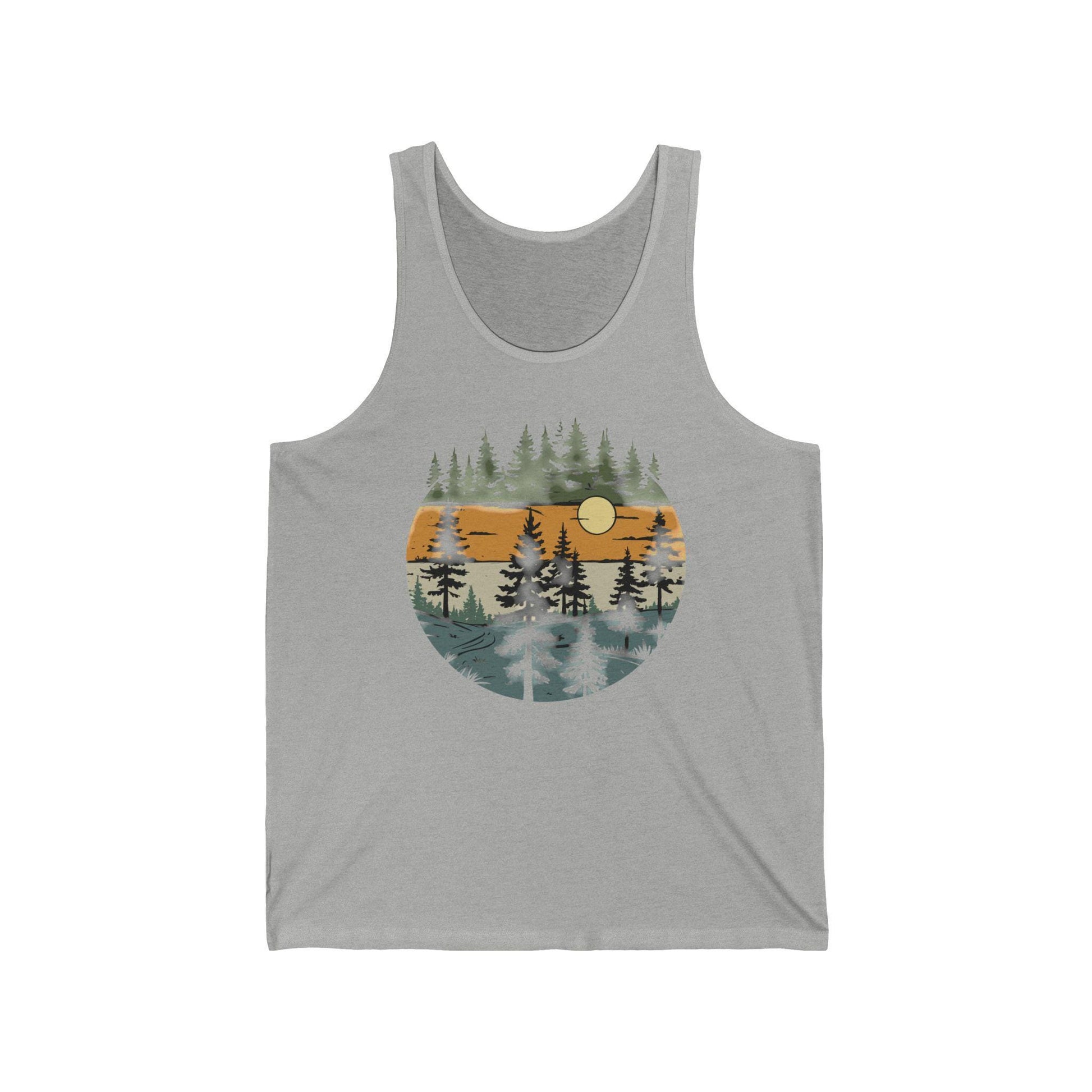 Vintage Retro Forest Trees Unisex Jersey Tank Top, Nature Outdoors Womens Sleeveless Shirt, Casual Summer Graphic Tee - Toddcraft