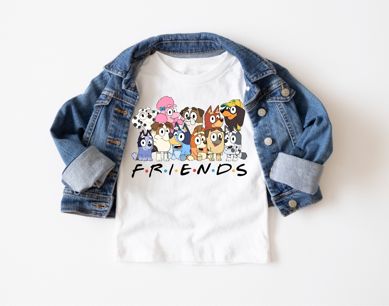 Friends Bluey Kids Tee Shirt with character print and denim jacket.