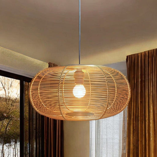 Modern Bamboo Pendant Light with Wire Mesh Shade