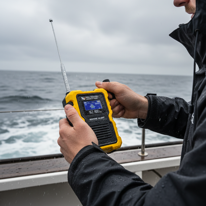 Hand crank emergency radio in use