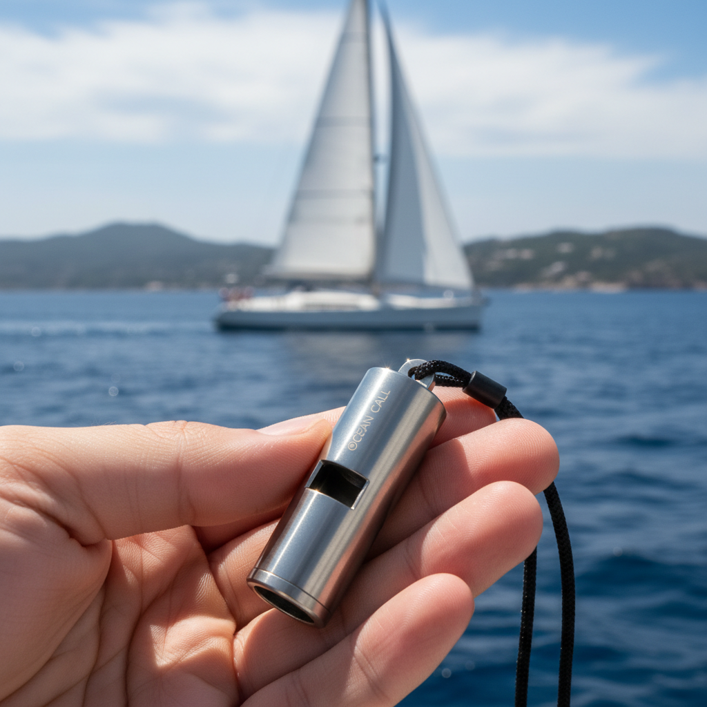 Hand holding titanium whistle