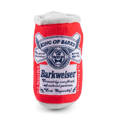 Barkweiser Can Squeaker Dog Toy resembling a beer can with plush texture and hidden squeaker.