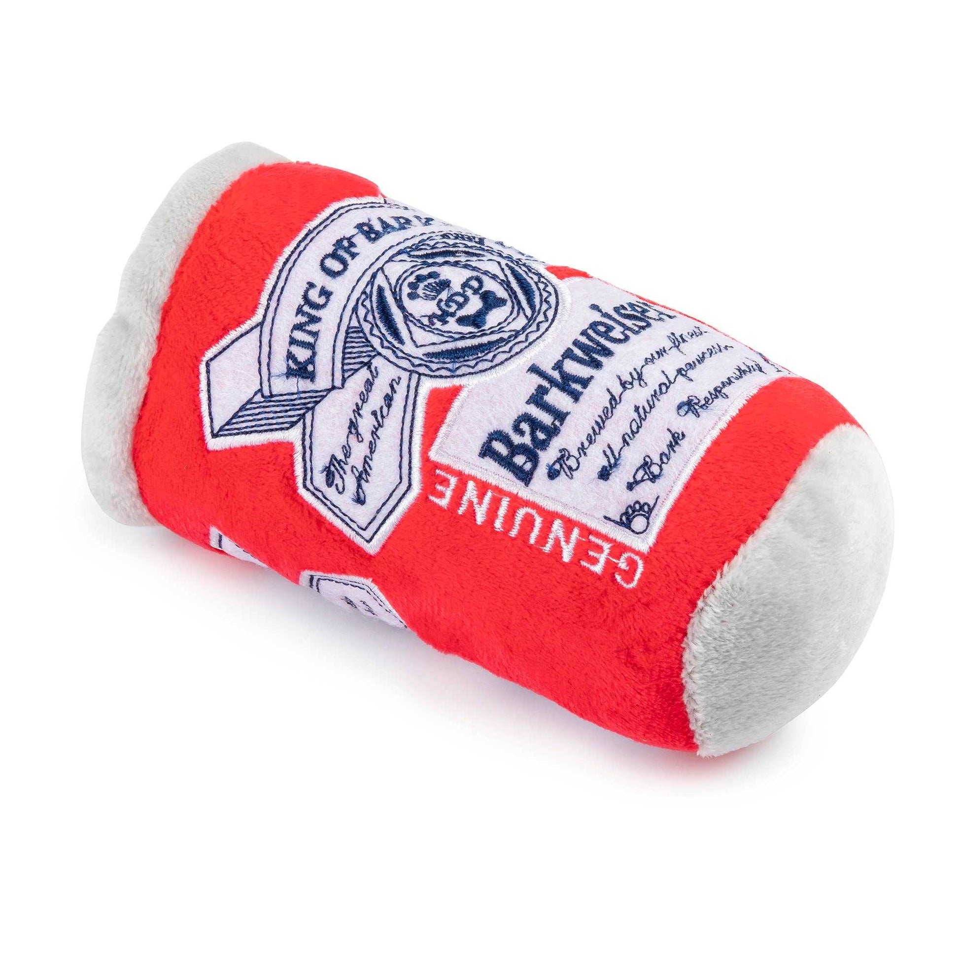 Barkweiser Can Squeaker Dog Toy in red, plush beer can design with label.