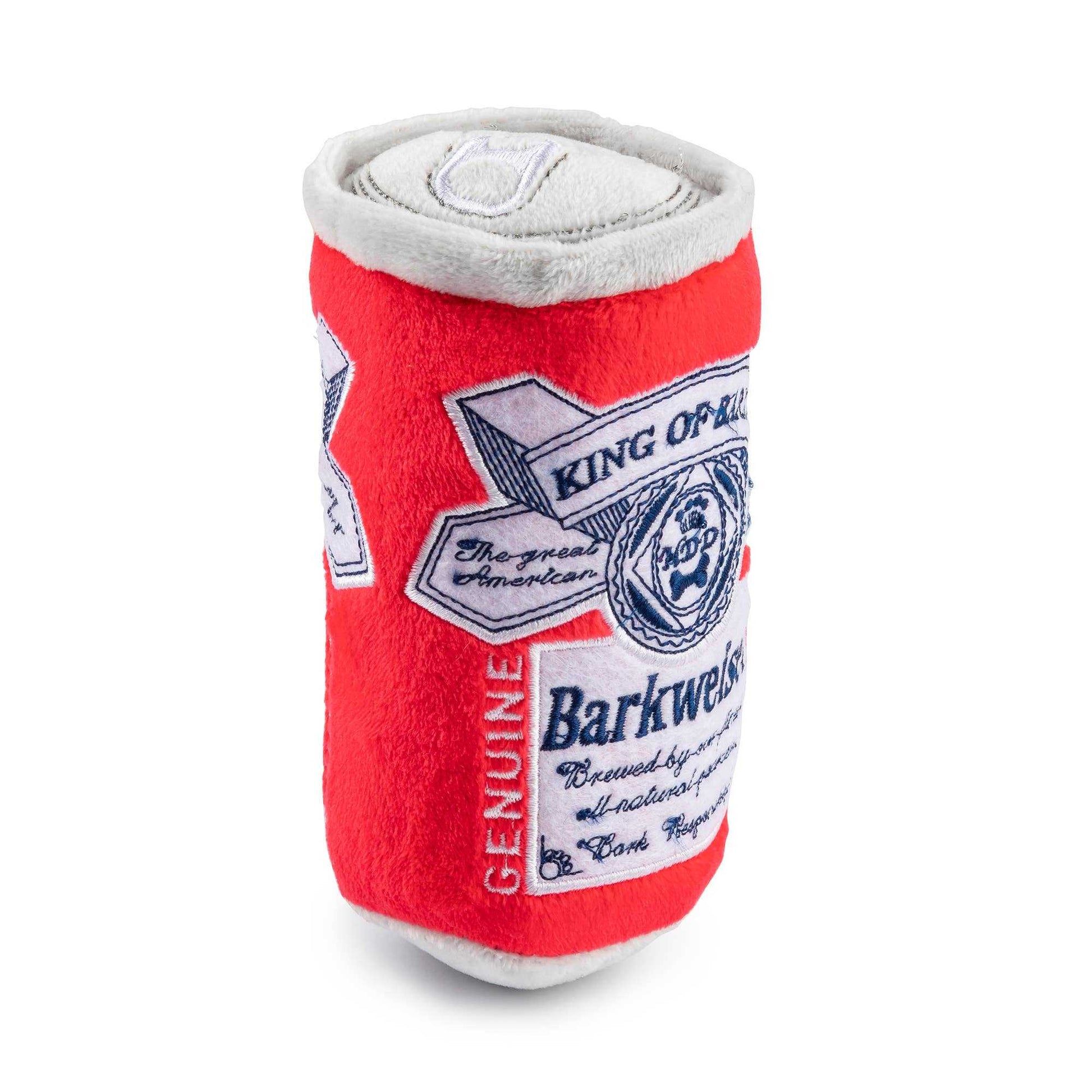 Barkweiser Can Squeaker Dog Toy plush beer can design with squeaker, perfect for dogs.
