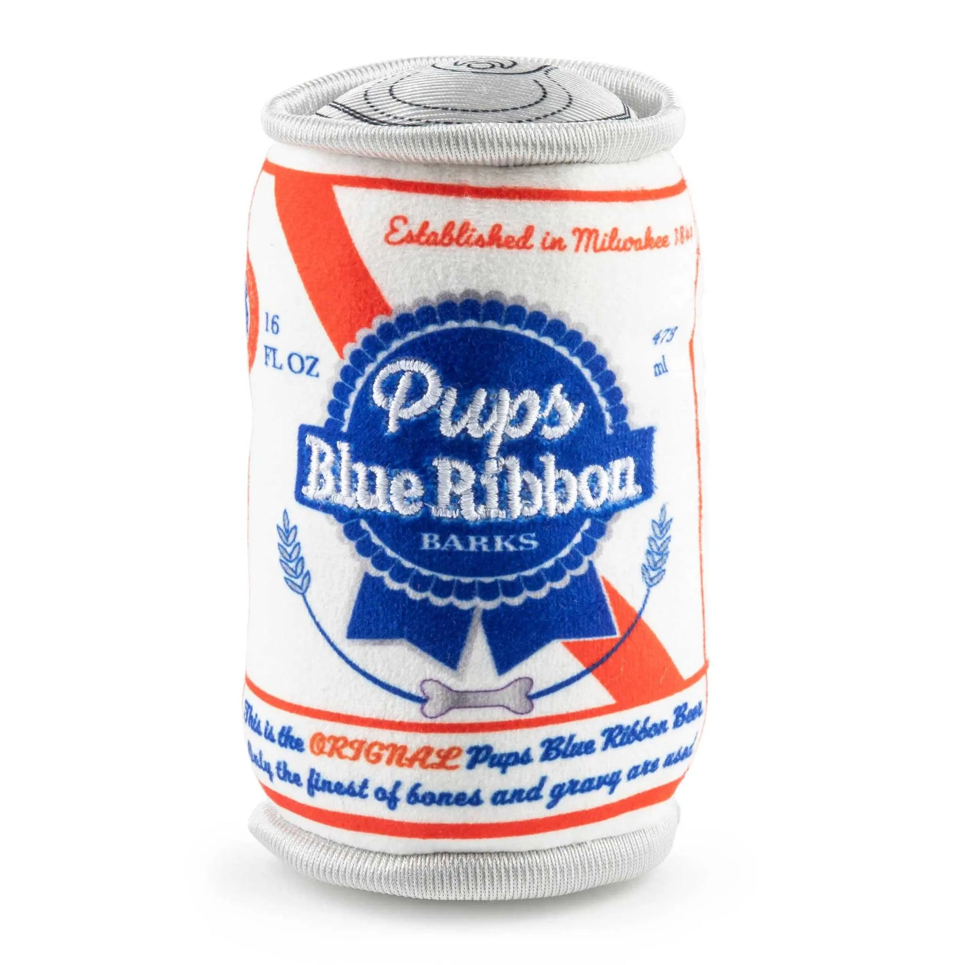 Pups Blue Ribbon Squeaker Dog Toy resembling a tall-boy can with fuzzy fabric and a hidden squeaker.